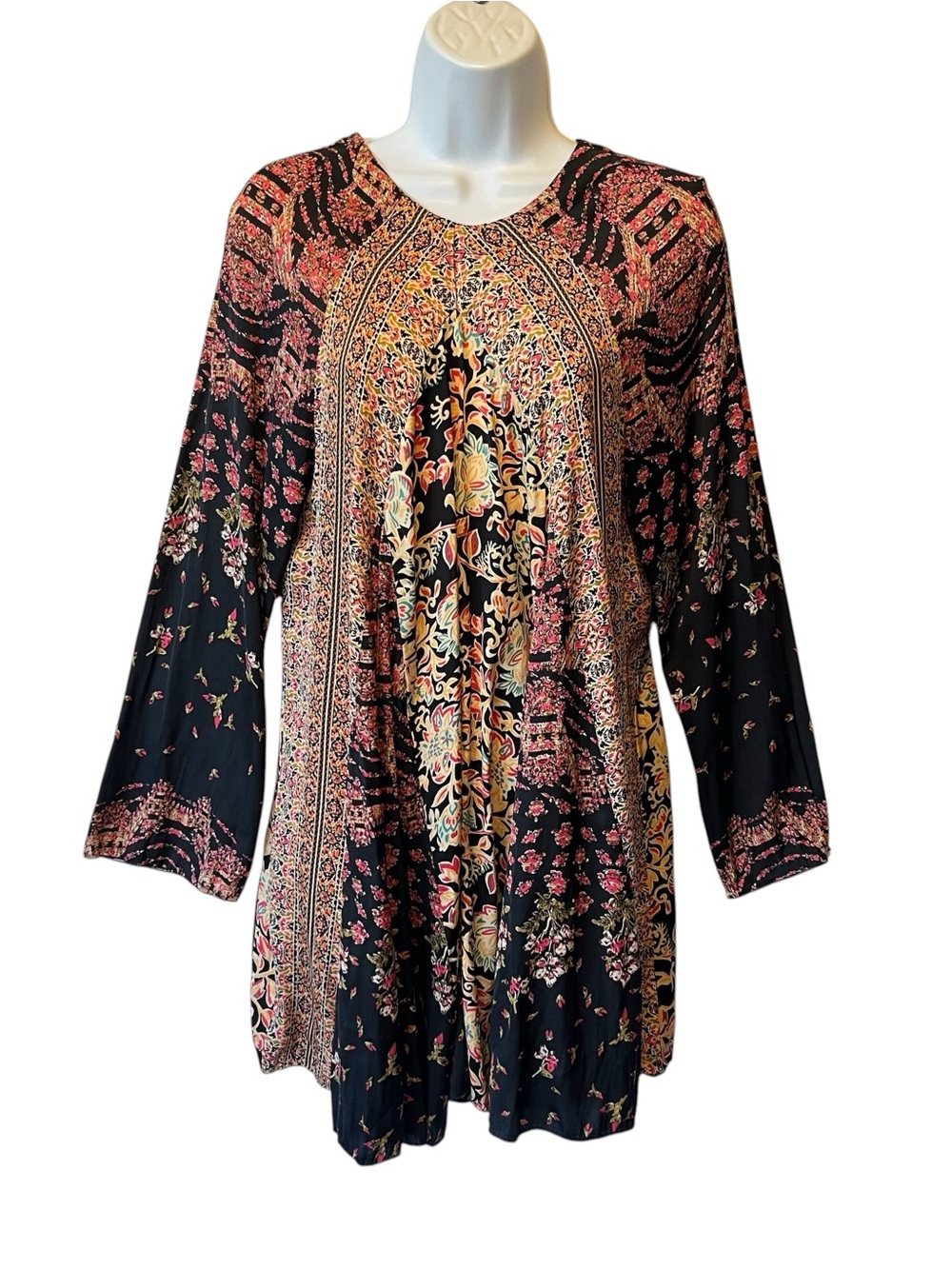 Free People Stevie Tunic mini dress M Black Floral Long bell sleeve Cut out back